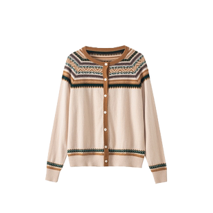 日神2024秋冬新款民族风圆领羊绒开衫女纯羊绒复古提花针织衫