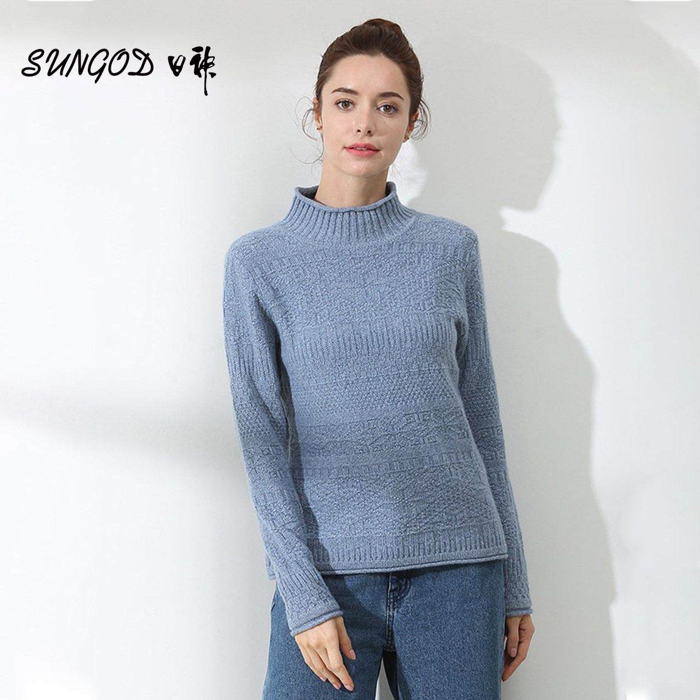 日神半高领绞花纯羊绒衫女中老年秋冬新款加厚毛衣时尚保暖针织衫