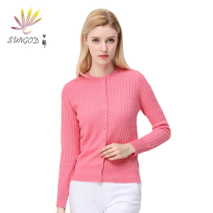 薄款 绞花宽松外搭开衫 针织毛衣外套 女中老年圆领长袖 日神纯羊绒衫