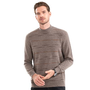 日神新款圆领羊绒衫男100纯羊绒冬季加厚复古条纹毛衣提花针织衫