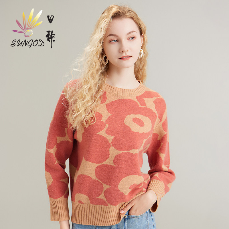 日神花卉提花圆领羊绒衫纯羊绒女新款时尚减龄套头打底衫商场同款