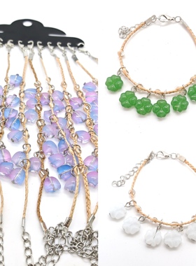 仿玉四叶草手链拉菲草幸运草手链手工编织许愿草景区旅游景点饰品