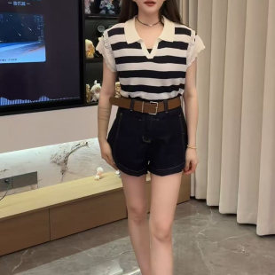 25622 杨杨高定亚麻加条方领上衣女款