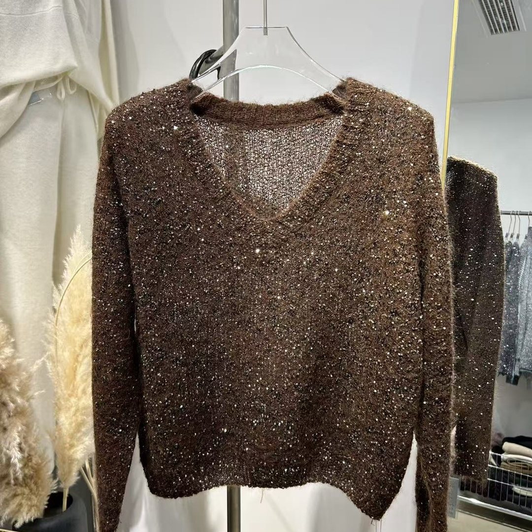 恩佳专享女款V领亮片毛衣