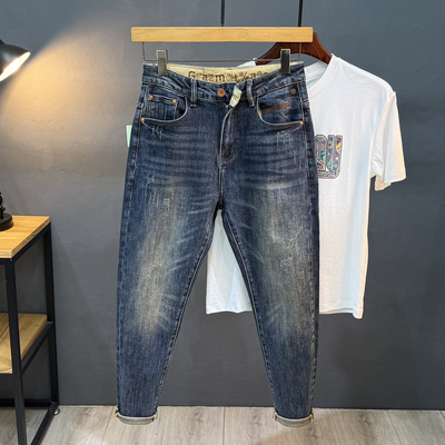 2025秋冬新款加绒加厚九分微哈伦牛仔裤男锥形小脚宽松弹力长裤子