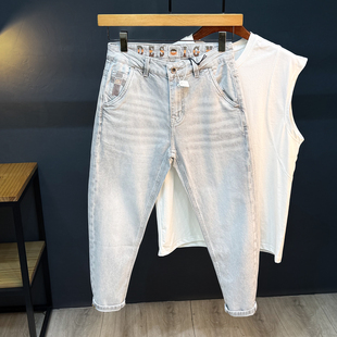 香港高端潮牌八分牛仔裤男矮小个子九分弹力休闲宽松小脚锥形长裤