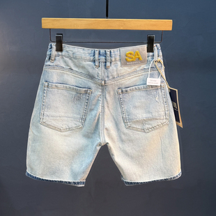 夏季个性破洞牛仔短裤男款时尚潮流痞帅休闲五分裤浅蓝色破烂中裤