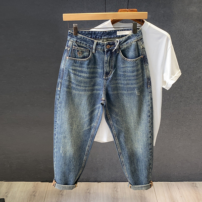 复古做旧牛仔裤男宽松直筒长裤