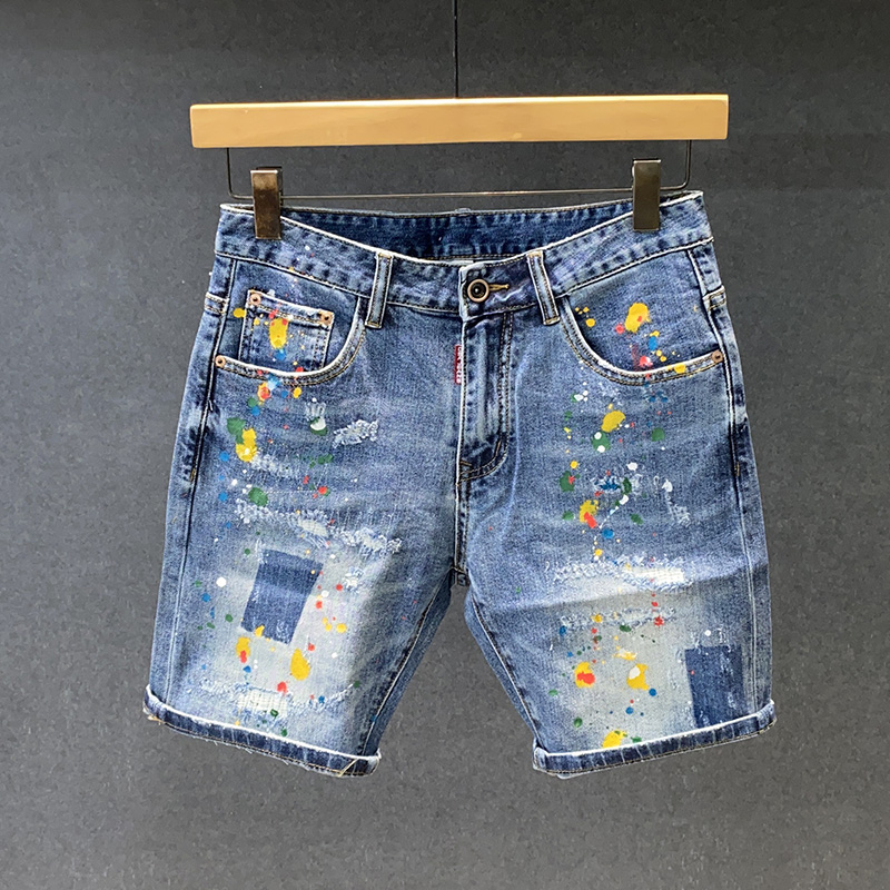 潮牌ins高端破洞五分牛仔短裤男潮流修身补丁中裤时尚泼墨马裤男