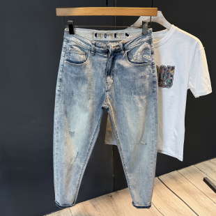 男弹力小脚9分裤 微宽松哈伦九分裤 浅色补丁破洞牛仔裤 薄款 子 夏季