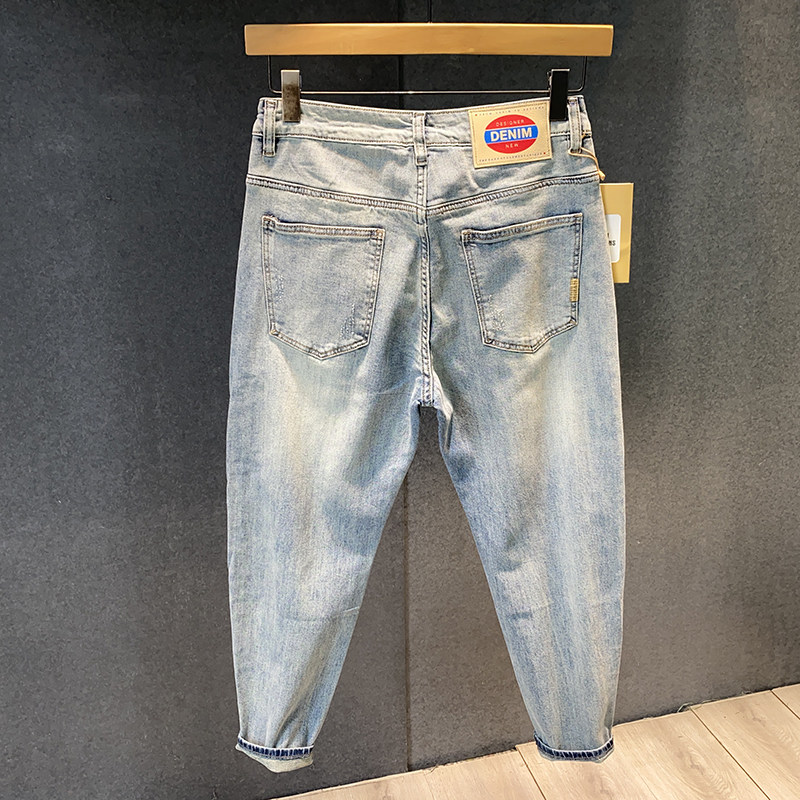 春夏薄款水洗牛仔裤男潮牌刺绣微哈伦小脚裤休闲百搭九分裤男裤子
