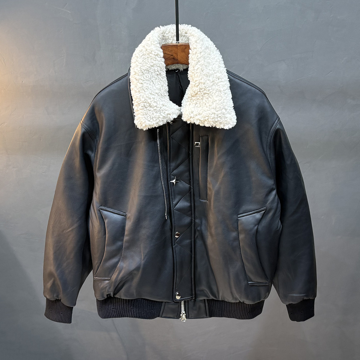 cleanfit短款羽绒服男款冬季廓形PU皮面包服立领外套美式高街机车