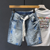 松紧腰乞丐破洞牛仔短裤 子 宽松刮烂休闲潮牌泼墨五分马裤 男士 夏季