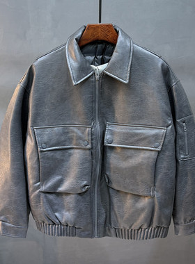 翻领PU皮衣羽绒服男宽松短款2025新款冬季潮牌鸭绒外套青年休闲