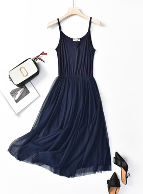 2025夏韩版莫代尔网纱裙大码宽松仙女打底裙遮肚显瘦中长款连衣裙