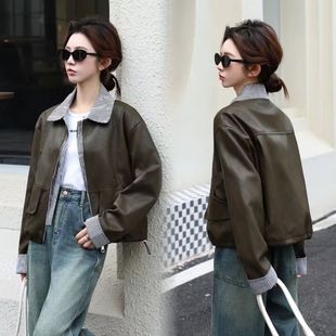 宽松韩系气质上衣 百搭拼接条纹假两件皮衣外套女潮款 秋冬新款 时尚