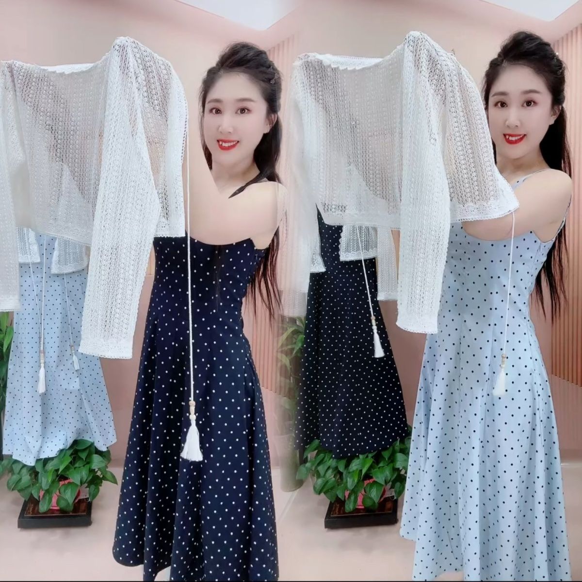 温柔风针织长袖开衫波点吊带连衣裙套装仙女修身显瘦连衣裙两件套