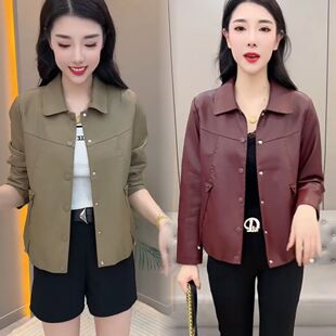 安可拉红皮衣外套女短款2025新款春秋高级感复古PU皮机车夹克上衣