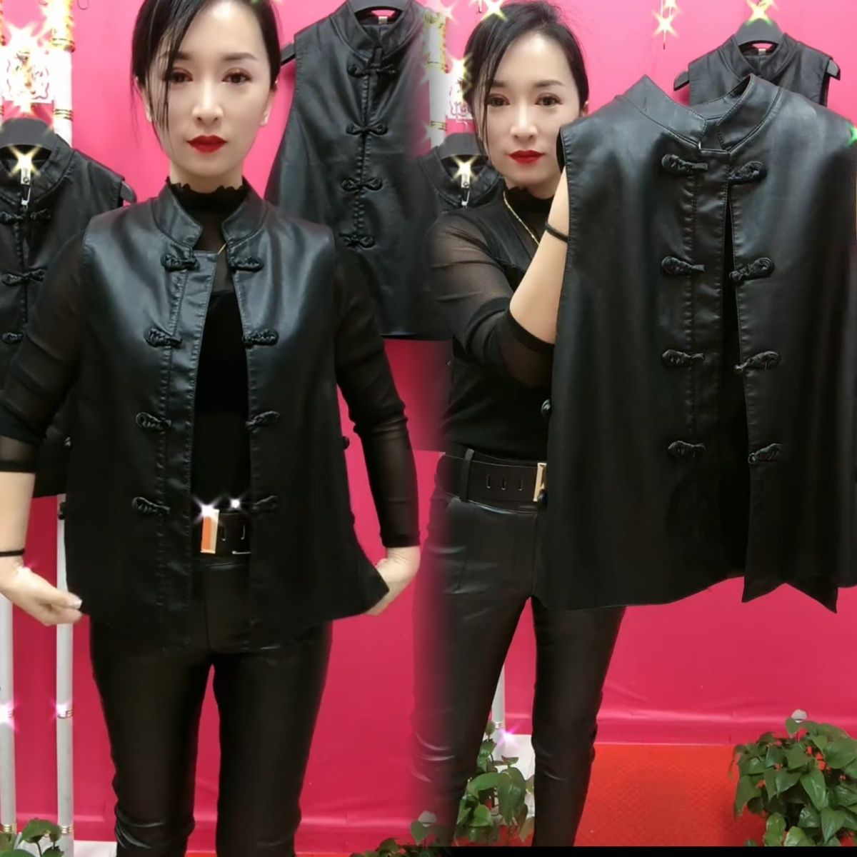 皮衣马甲女2025春秋季新款新中式复古港风盘扣马夹无袖坎肩外套