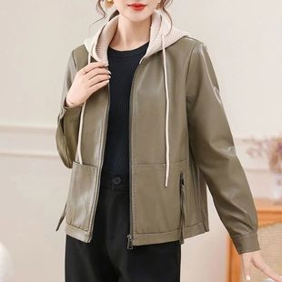宽松洋气潮 连帽可脱卸皮夹克2025春秋新款 休闲皮衣女外套短款 时尚