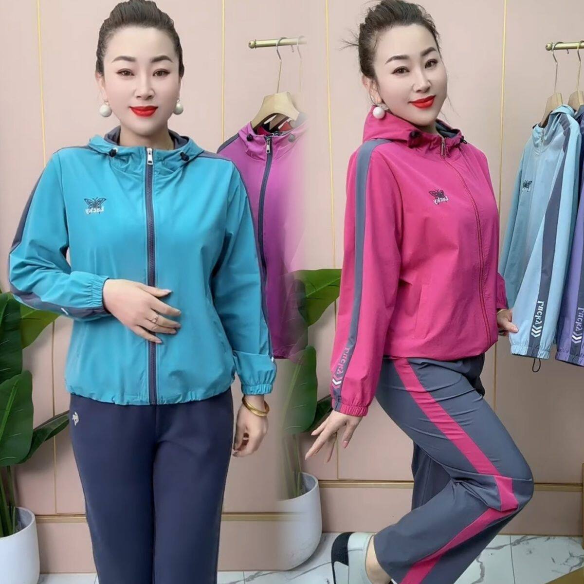 【运动套装】春秋季新款时尚印花跑步大码气质运动服连帽休闲套装