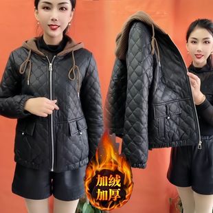 加厚加绒皮棉衣2025新款 拉链洋气加厚皮衣连帽宽松轻薄棉服外套