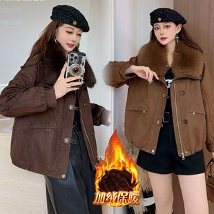 毛领短外套女宽松加绒加厚保暖派克服2026冬季流行爆款时尚棉衣服