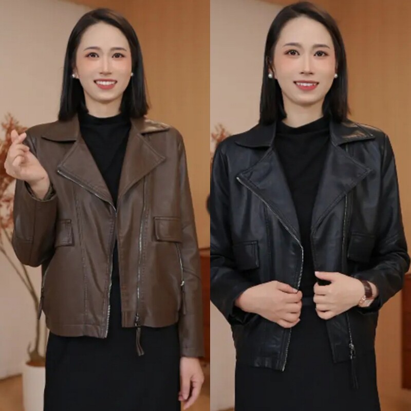 韩版短款PU皮衣女春秋新款翻领宽松机车夹克休闲上衣