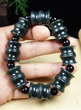 天然新疆和田玉青玉竹节手串男女款玉石手链手串玉佩证书