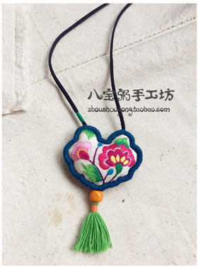 长命锁原创古风手工刺绣毛衣链