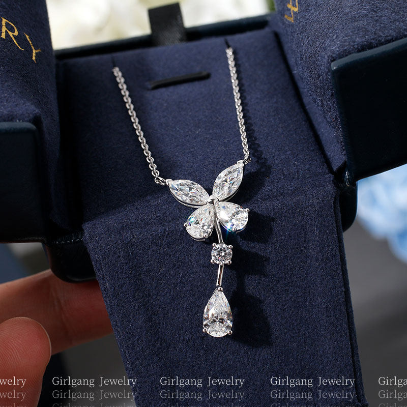 超闪！高碳钻石项链马眼钻蝴蝶吊坠带水滴钻925纯银镀18K白金锁骨
