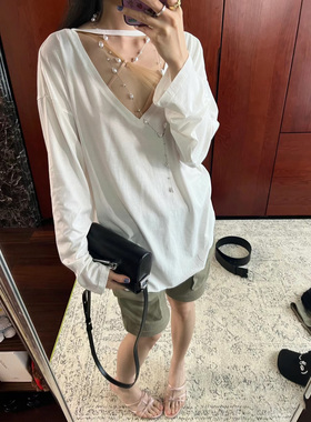 高品质RARE正确版前后两穿柔软垂感天丝V领宽松休闲长袖T恤女