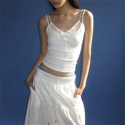 sss高品质正确版花边网纱拼接亨利领假两件吊带衫背心女