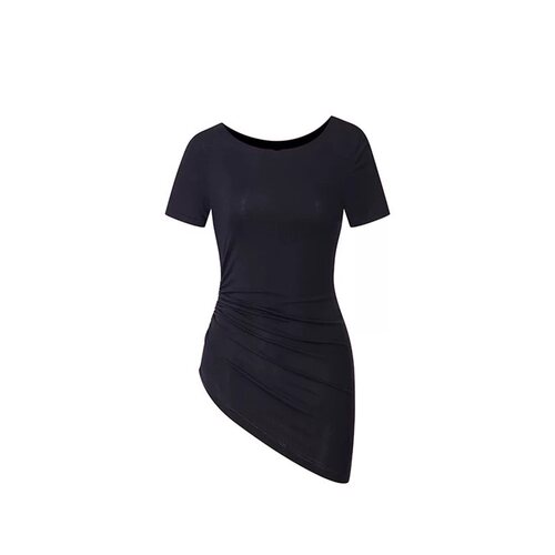 高品质正确天丝羊毛抽褶斜肩船领收腰显瘦休闲复古松弛短袖T恤女