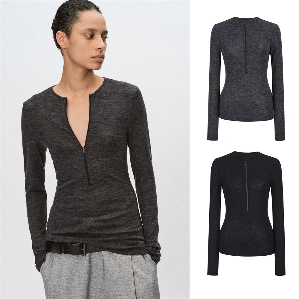 高品质还原V领纯羊毛Ykk运动款拉链T恤弹力修身羊毛打底衫女