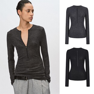 高品质还原V领纯羊毛Ykk运动款拉链T恤弹力修身羊毛打底衫女