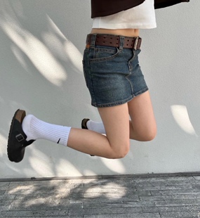 REFLEXION复古弹力低腰牛仔超短裙夏季新款显腿包臀迷你裙