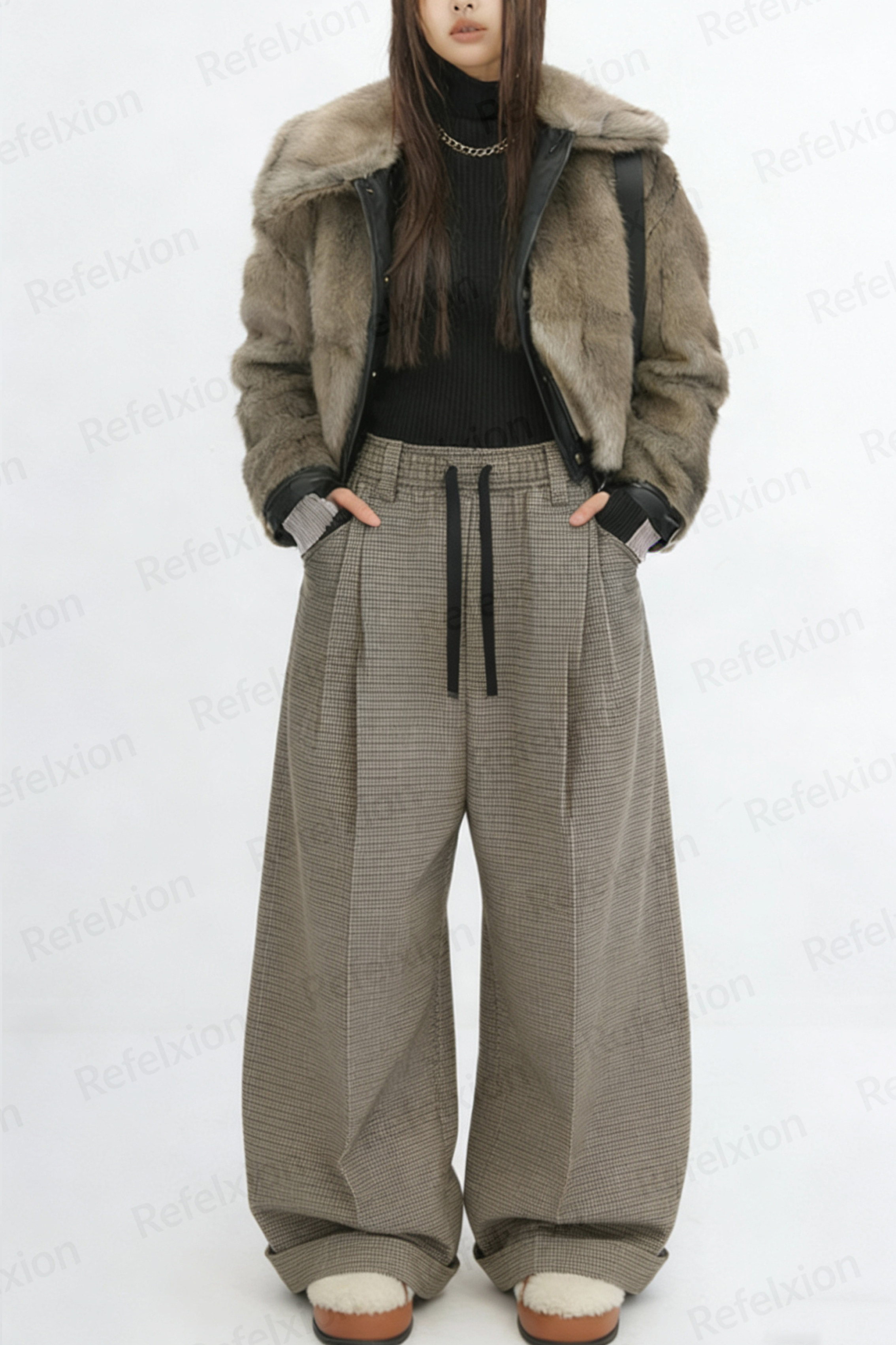 高品质RA厚重阔型感千鸟格宽松休闲西裤阔腿裤女2025秋冬新款