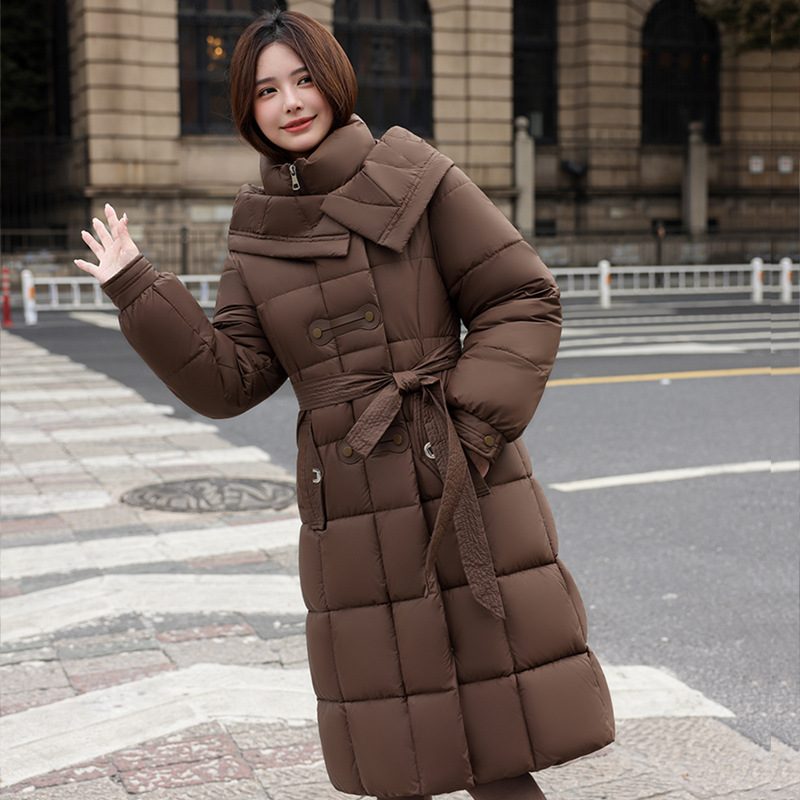 2025冬季新款羽绒棉服女中长款加厚保暖棉衣时尚收腰过膝棉袄外套