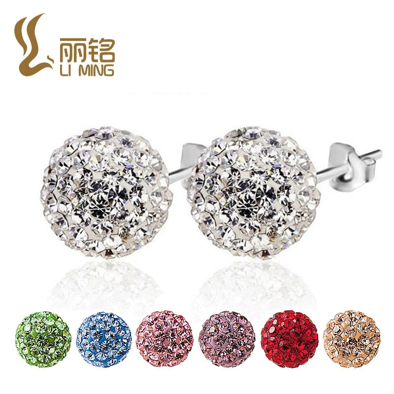 S925纯银水钻多彩色香巴拉球耳钉女满钻耳饰跨境电商货源