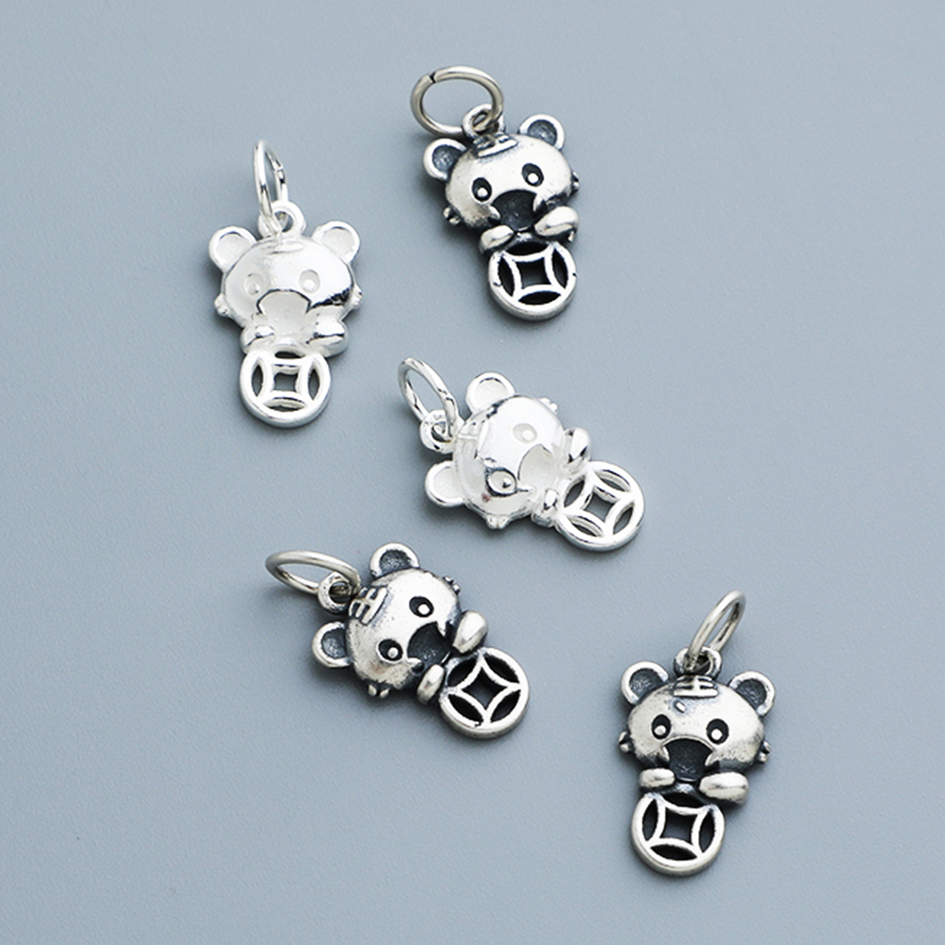 s925纯银泰银招财铜钱老虎挂件diy编绳手链项链吊坠饰品配件