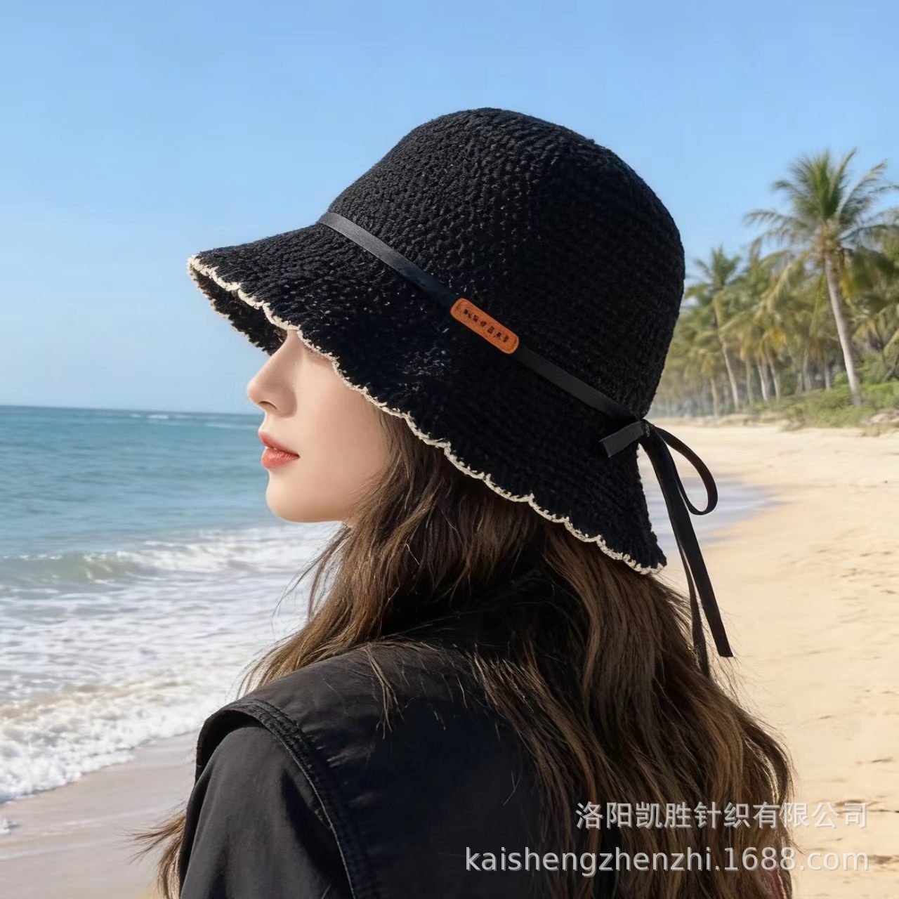小标渔夫帽女韩版潮牌春夏季针织水桶帽日系飘带复古花边盆帽百搭