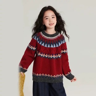 儿童费尔岛圣诞花纹毛衣 女童复古上衣新款 限时福利 新年圣诞童装