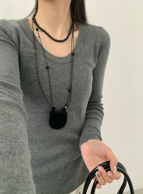 打底神器！纯色U领长袖羊毛混纺针织衫秋冬新款修身显瘦打底上衣