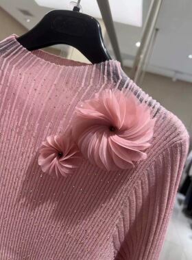 2025秋季新品花朵烫钻修身针织衫女半高领镂空百搭打底衫上衣法式