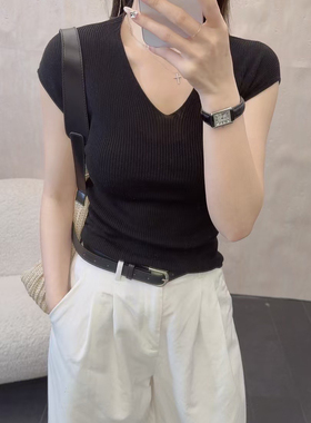 Sweet year 25春夏新款重工烫钻小飞袖t恤女薄款修身针织无袖上衣