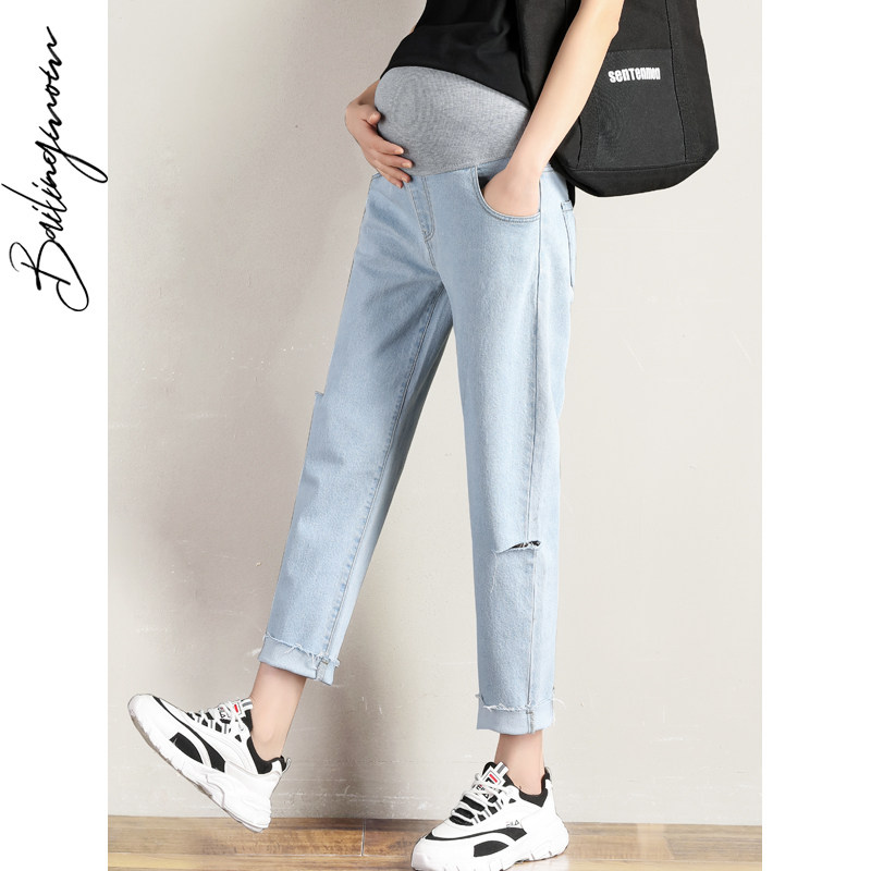 孕妇裤子秋季牛仔裤薄款外穿宽松孕期老爹裤春秋九分潮妈直筒时尚