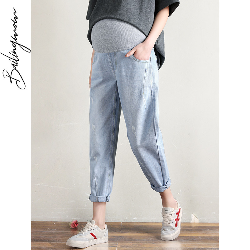 孕妇裤子夏季薄款牛仔裤宽松孕期老爹裤外穿春夏九分潮妈休闲直筒