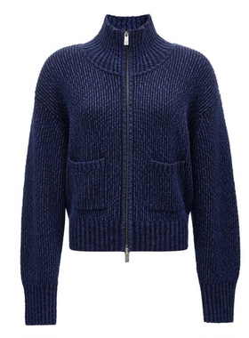 2025春季新款时髦小高领蓝色拉链开衫针织衫女12513B017