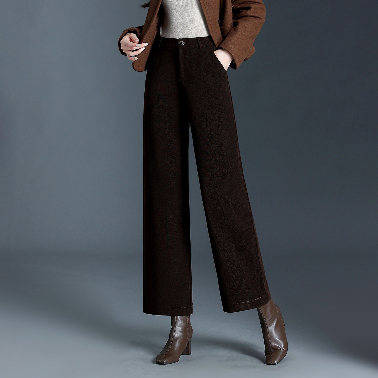 复古条绒深咖色直筒裤女九分裤秋冬新款高腰显瘦雪尼尔小个子长裤